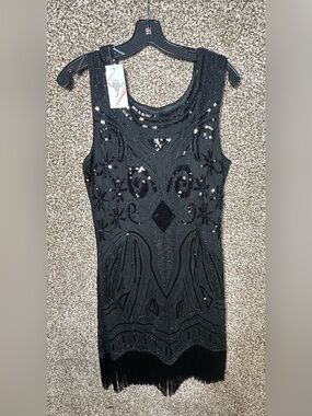 Black Beaded Sleeveless Tank Dress with Fringe
